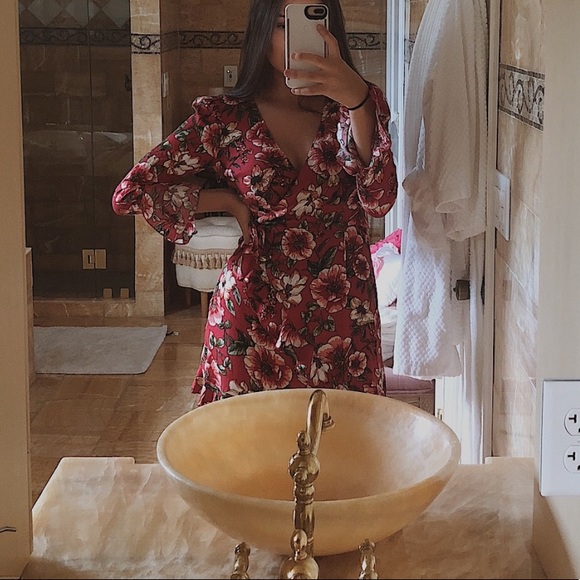 Red Floral Mini Wrap Dress 1 - Picture 2 of 7